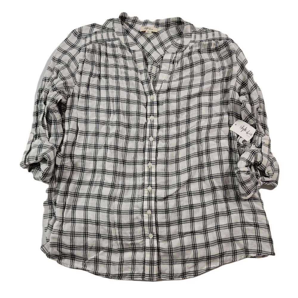 Style & Co. Button-Down Top Womens‎ 1X Plus Glen Plaid Cotton Winter White NEW